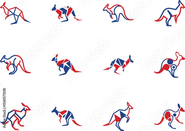 Fototapeta Many abstract kangaroo symbols in red and blue hues are displayed across a transparent backdrop