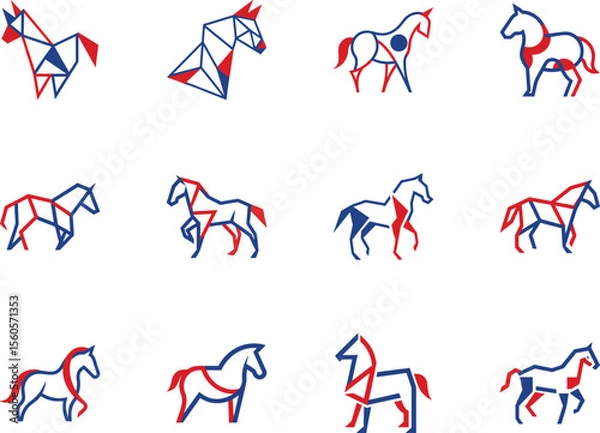 Fototapeta Various horses styled with red and blue colors are arranged on the white background