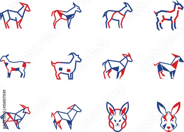 Fototapeta Geometric goats in red and blue outlines stand against a pristine white, transparent background