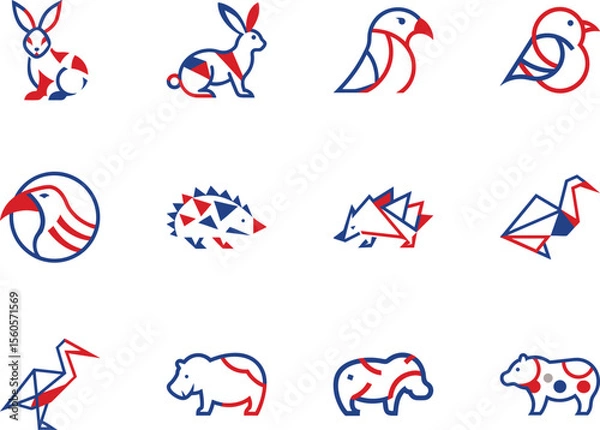 Fototapeta Stylized red and blue line animals stand against a stark white background, creating minimalist artwork