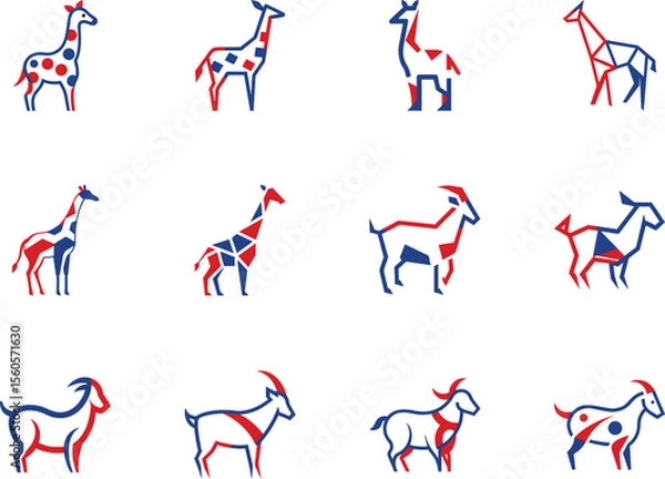 Fototapeta Colorful red and blue giraffes and goats are featured against a transparent background