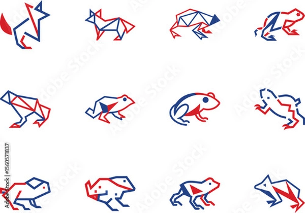 Fototapeta Foxes and frogs are stylized with geometric shapes outlined in red and blue on white