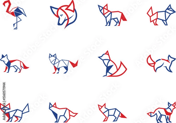 Fototapeta Twelve red and blue geometric stylized animal logos display prominently on a transparent background