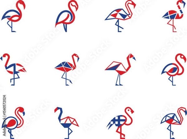 Fototapeta Twelve stylized flamingo birds with red and blue design elements stand on a white backdrop
