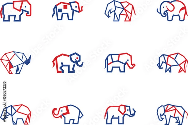 Fototapeta Twelve geometric elephant animal drawings with red and blue line art stand against a white backdrop
