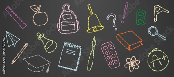 Fototapeta School office set, doodles painted in chalk on a dark school board background. Education sketchy with school supplies. Linear doodle style. Vector EPS10