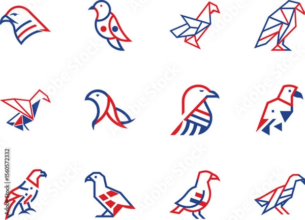 Fototapeta Several geometric birds in red and blue are seen in a pattern over white
