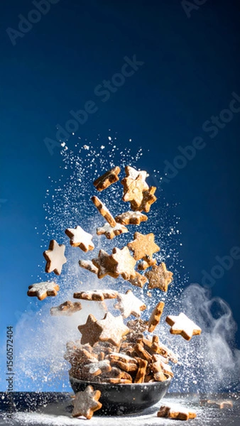 Fototapeta Star shaped cookies flying in air with flour particles against blue background, creating dynamic and festive scene