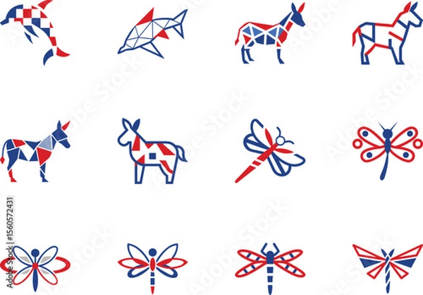 Fototapeta Blue and red animal icons featuring dolphins, donkeys, and dragonflies are displayed on white