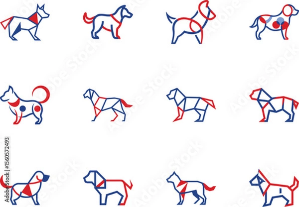 Fototapeta Twelve varied dog icons constructed from blue and red lines present on a white background