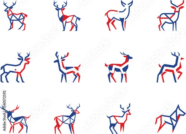 Fototapeta Collection of twelve reindeer poses styled with geometric shapes using red and blue on white