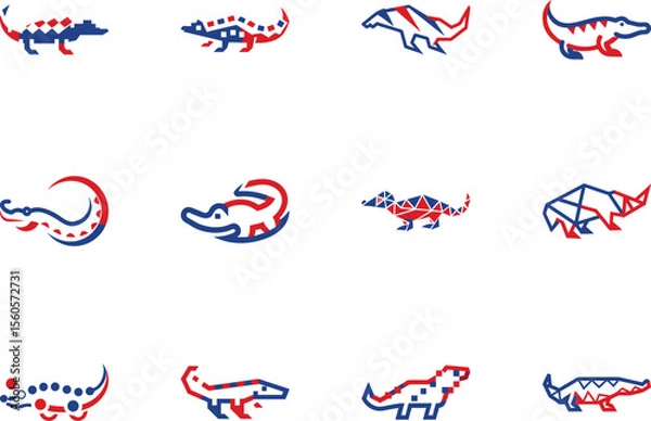 Fototapeta Collection shows stylized reptiles with red and blue patterns against a transparent background
