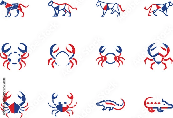 Fototapeta Red and blue geometric animals and crabs stand out against a transparent backdrop