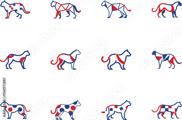 Fototapeta Twelve big cat emblems display red and blue abstract patterns over a white background