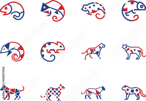 Fototapeta Twelve animal outline symbols exhibit a blue and red color scheme against a white background