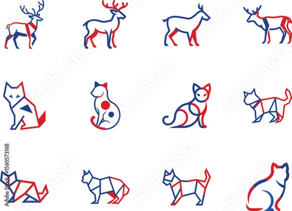 Fototapeta Blue and red outline of stylized deer and cat icons appear on white