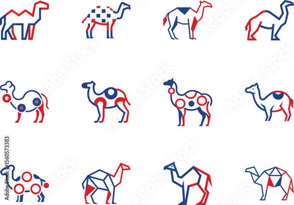 Fototapeta Twelve dromedary camel icons show red and blue color variations against a transparent backdrop