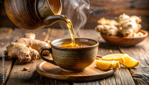Fototapeta Steaming ginger and honey tea is poured into rustic stoneware mug, surrounded by fresh ginger and lemon slices on wooden table