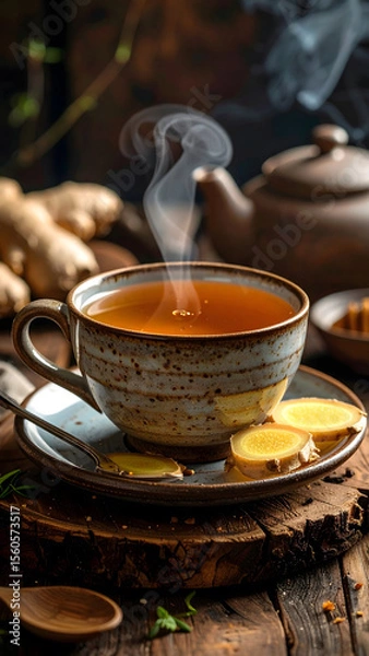 Fototapeta Steaming ginger and honey tea in rustic stoneware mug with fresh ginger slices