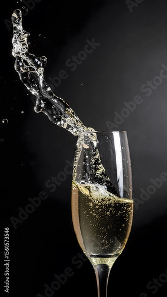 Fototapeta Splash of champagne erupts from glass against black background, capturing effervescence and excitement of celebration