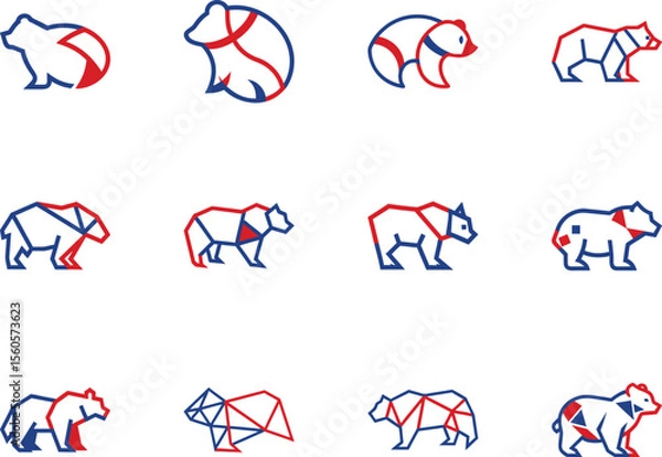Fototapeta Twelve simple bear icons in red and blue show different minimal styles