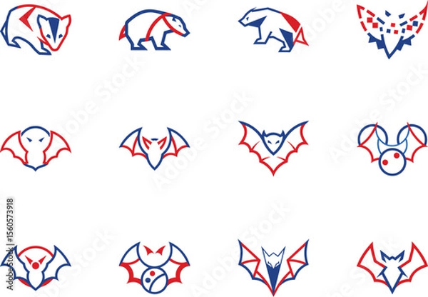 Fototapeta Several abstract red and blue animal and bat logo icons are neatly arranged over white