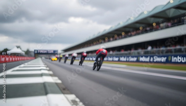 Obraz Finish line racing background, blurry foreground. White tone