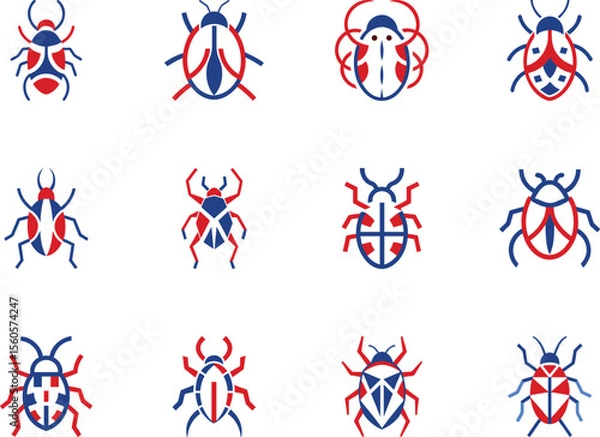 Fototapeta A collection of twelve insect icons shows red and blue symmetric patterns against white