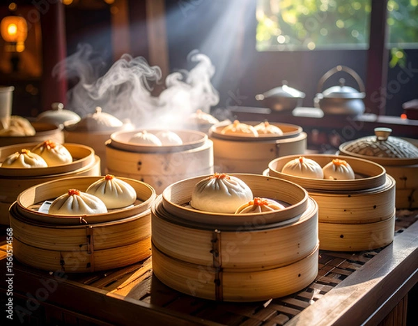 Fototapeta Steaming Chinese buns in bamboo steamers with sunlight filtering through, creating warm ambiance