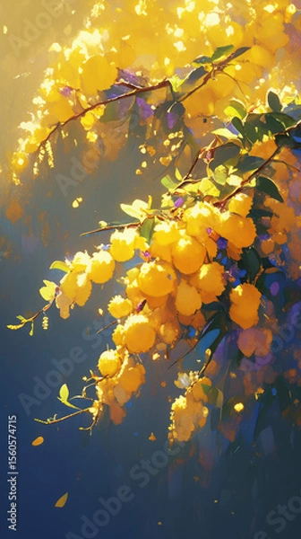 Fototapeta Artistic depiction of mimosa blossoms on a swaying branch, showcasing airy yellow flowers and tender green foliage in a tranquil and refined minimalist style