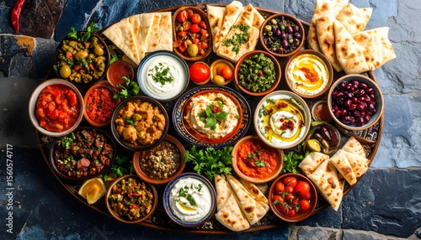 Fototapeta Vibrant platter of Turkish meze with various dips, breads, and olives arranged beautifully. colorful assortment creates delightful visual feast