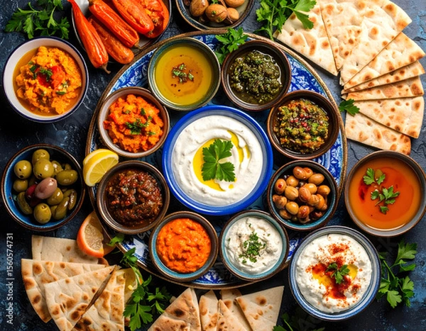 Fototapeta Vibrant platter of Turkish meze with various dips, breads, and olives arranged beautifully. colorful presentation is inviting and appetizing