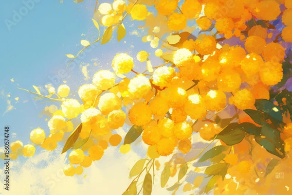Fototapeta A minimalist nature illustration of a mimosa branch with delicate yellow blossoms swaying gently in the breeze, serene and softly flowing