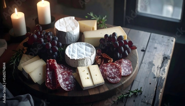 Fototapeta Rustic platter of artisan cheeses and charcuterie with grapes and candles creates cozy ambiance