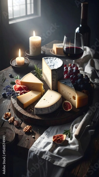 Fototapeta Rustic platter of artisan cheeses and charcuterie with wine and candles creates cozy atmosphere