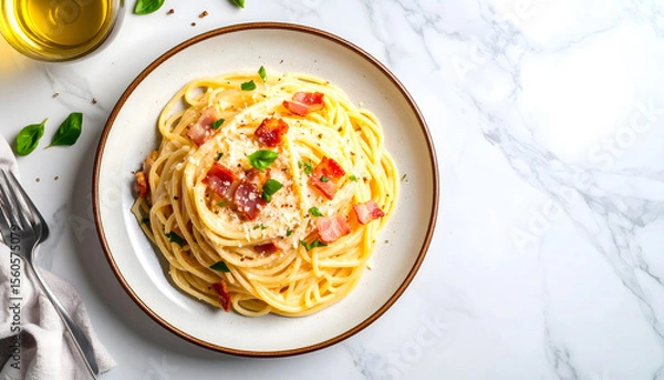 Fototapeta Delicious plate of creamy spaghetti carbonara with bacon and parsley on white marble table