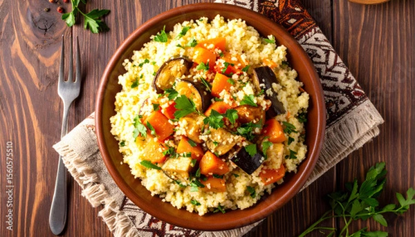 Fototapeta Bowl of Moroccan couscous with roasted vegetables, garnished with fresh parsley, sits on wooden table, creating warm and inviting scene