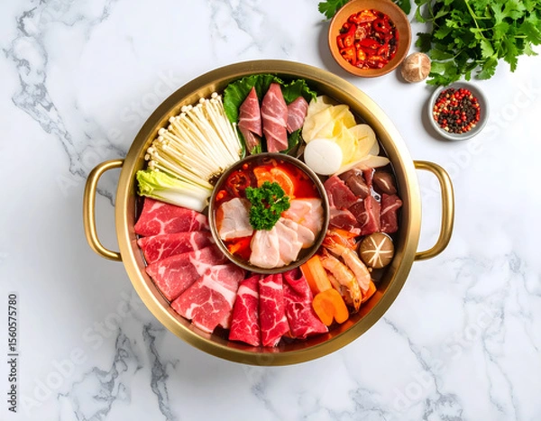 Fototapeta Vibrant Chinese hot pot with assorted ingredients including meats, vegetables, and mushrooms, beautifully arranged in golden pot on marble surface