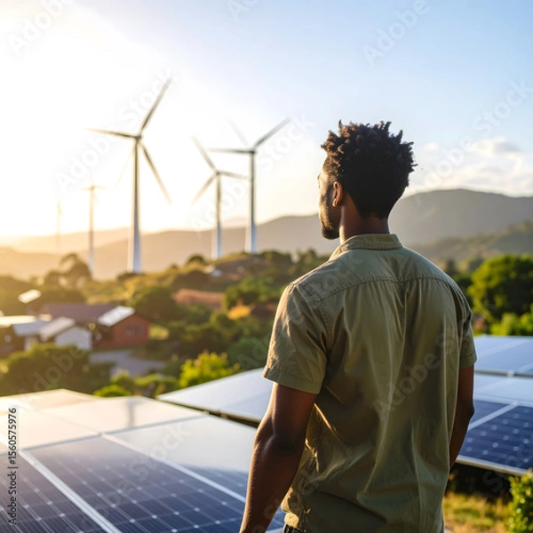 Fototapeta Person stands at edge of green community, watching wind turbines and solar panels at sunset