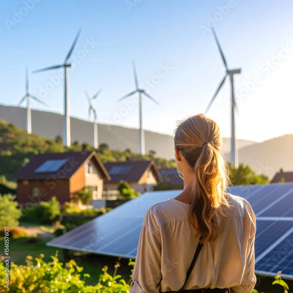 Fototapeta Person stands at edge of green community, watching wind turbines and solar panels in sustainable landscape