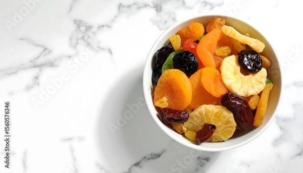 Fototapeta Bowl of assorted dried fruits on white marble table, including apricots, prunes, and pineapple, creating vibrant and healthy snack