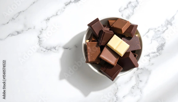 Fototapeta Bowl of assorted chocolate pieces sits on white marble table, bathed in natural light