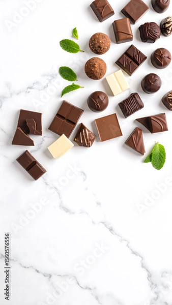 Fototapeta Assorted chocolates and truffles on white marble table with mint leaves, creating delightful and elegant presentation