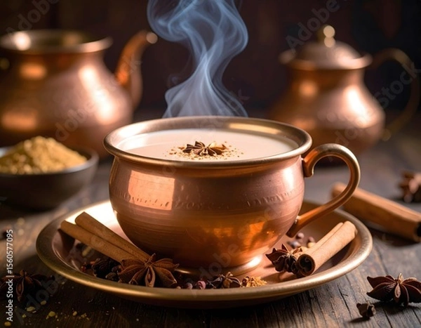 Fototapeta A copper masala chai in a clay cup, macro product shot, steam rising and spices scattered nearby, rustic background, cozy aromatic photography.