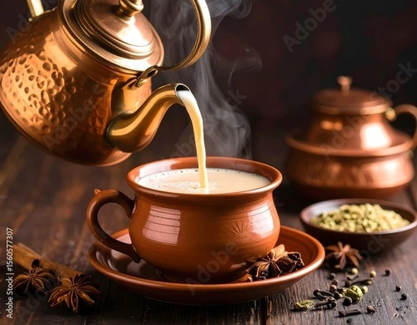 Fototapeta A copper kettle pouring masala chai into a clay cup, macro product shot, steam rising and spices scattered nearby, dark rustic background