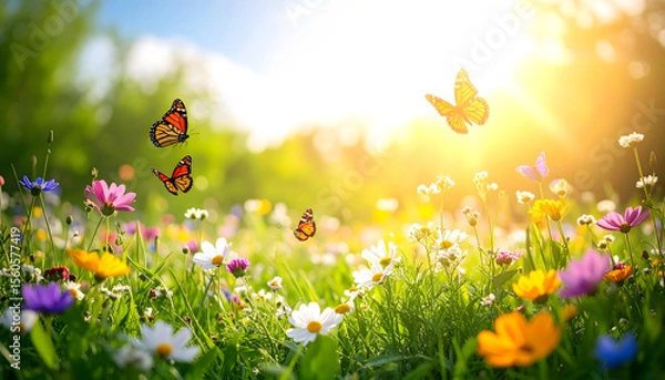 Fototapeta Vibrant meadow on first day of spring with colorful wildflowers and butterflies under bright sun