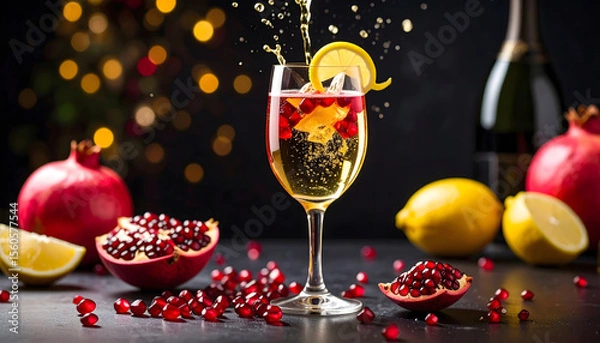 Fototapeta A sparkling with pomegranate molasses and a splash of Champagne, garnished with fresh pomegranate seeds and a lemon twist