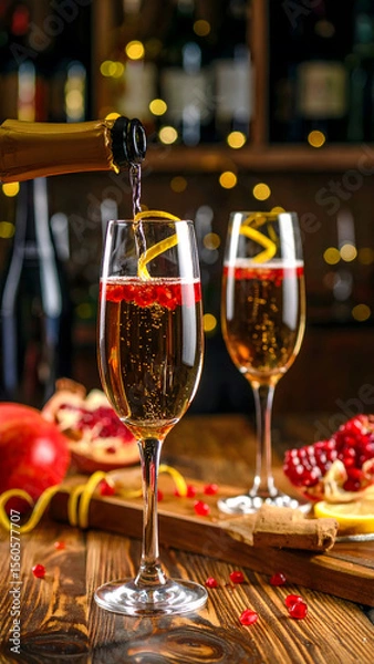 Fototapeta A sparkling with pomegranate molasses and a splash of Champagne, garnished with fresh pomegranate seeds and a lemon twist