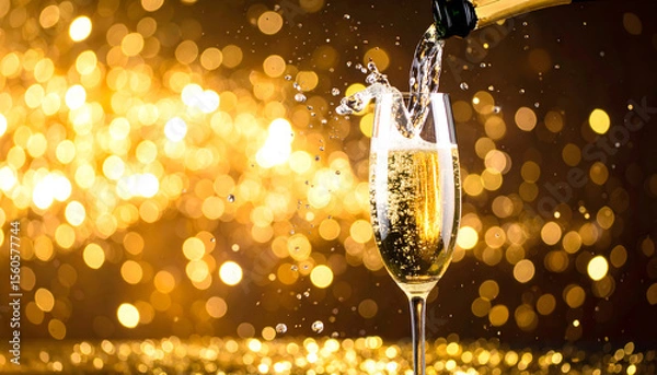Fototapeta Sparkling splash of champagne fills glass against golden bokeh background, creating festive and celebratory atmosphere