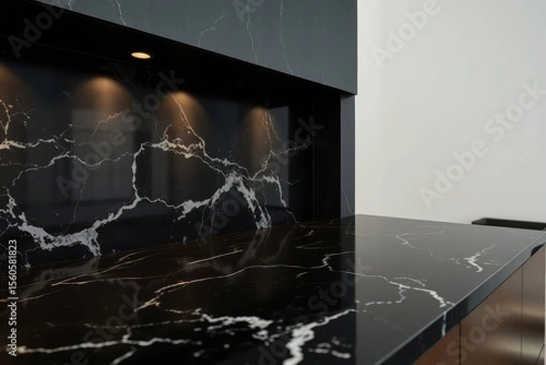 Fototapeta Black marble counter and backsplash with white veining illuminated by two overhead lights adjacent to a plain white wall